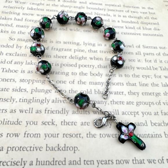 Cloisonné Chaplet Rosary Black Enamel Prayer Beads Cross Pink Floral Bracelet - Picture 1 of 4
